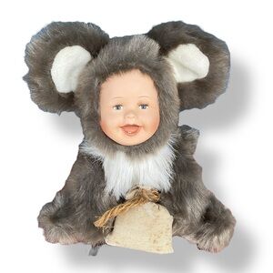 Showstoppers Plush Porcelain Baby Face Mouse Grey Stuffed Animal Doll Vintage 8”